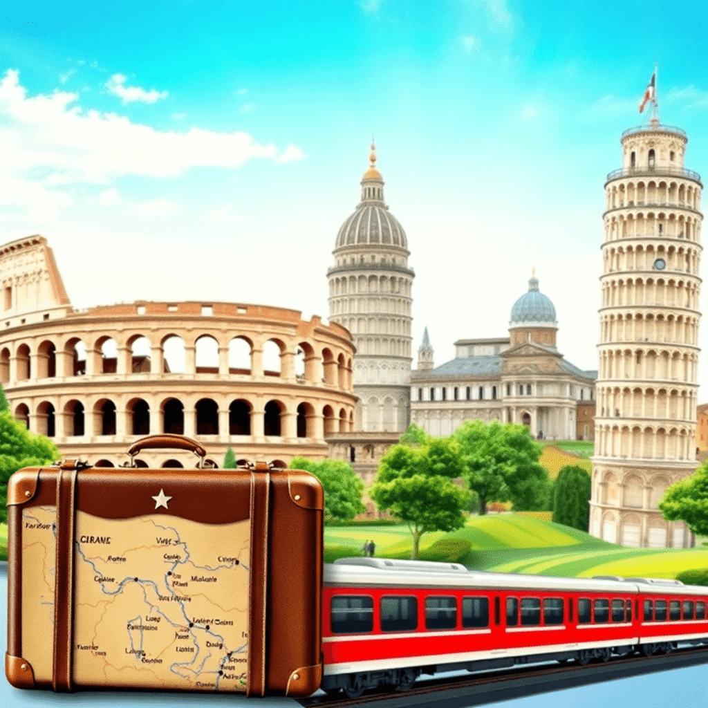 Monumentos icónicos de Italia bajo un cielo despejado con una maleta vintage, un mapa y un tren en el campo, evocando un viaje asequible y bien pla...