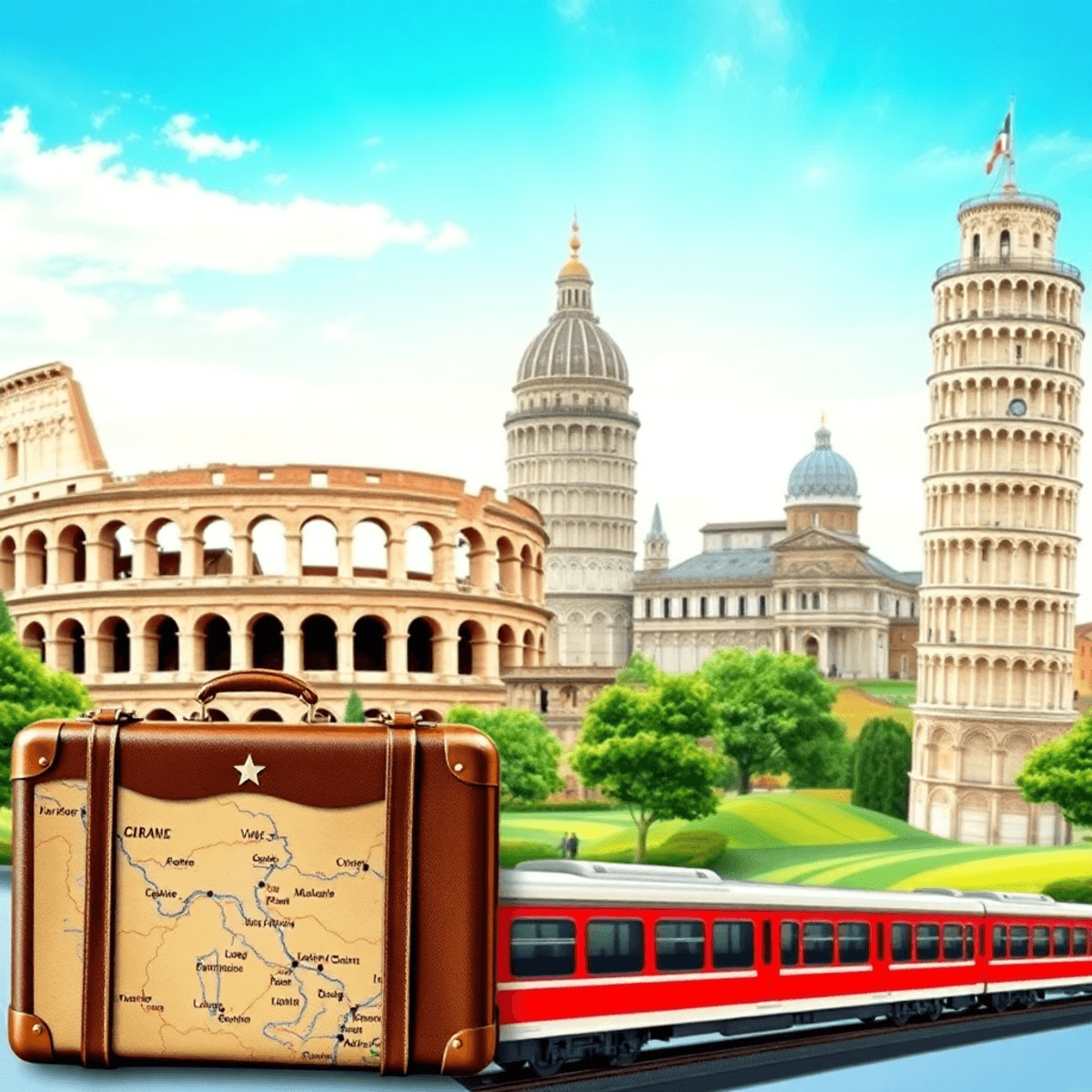 Monumentos icónicos de Italia bajo un cielo despejado con una maleta vintage, un mapa y un tren en el campo, evocando un viaje asequible y bien pla...