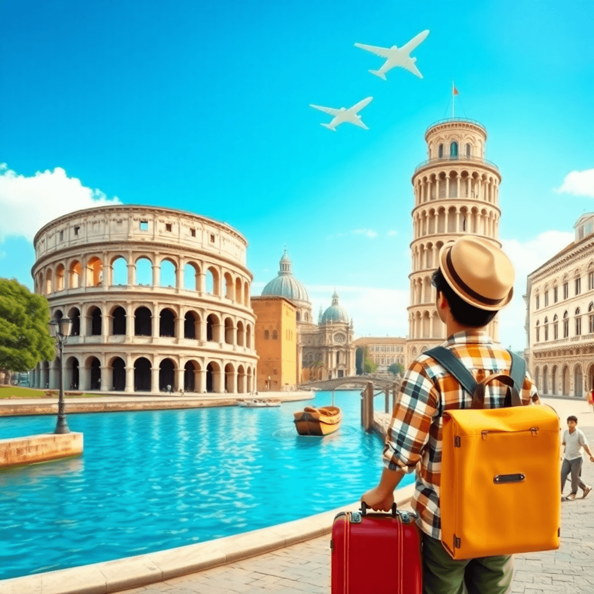 Un viajero alegre con una maleta contempla emblemáticos monumentos italianos bajo un cielo radiante, rodeado de elementos de viaje y caminos suaves...